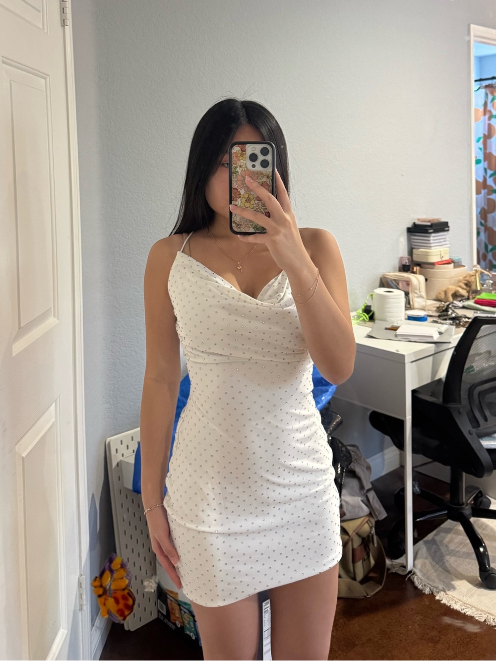 WINDSOR White Rhinestone Polka Dot Cowl Neck Mini Dress